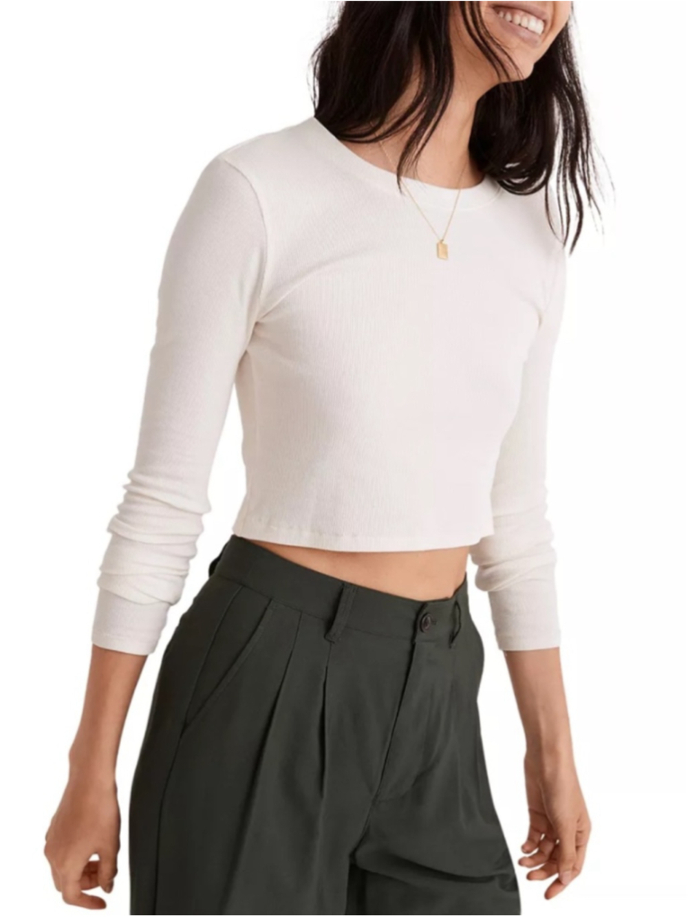 MADEWELL Fine Ribbed Cream Supercrop Longsleeves, Casual Top, Sz M